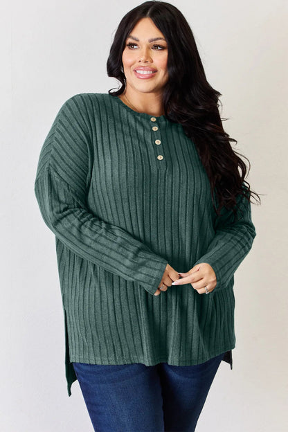 Basic Bae Full Size Ribbed Half Button Long Sleeve High - Low T-Shirt - Hopeford Streams
