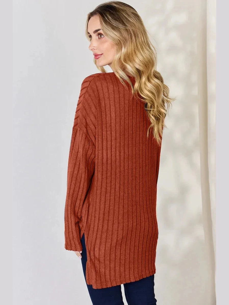 Basic Bae Full Size Ribbed Half Button Long Sleeve High-Low T-Shirt -- 