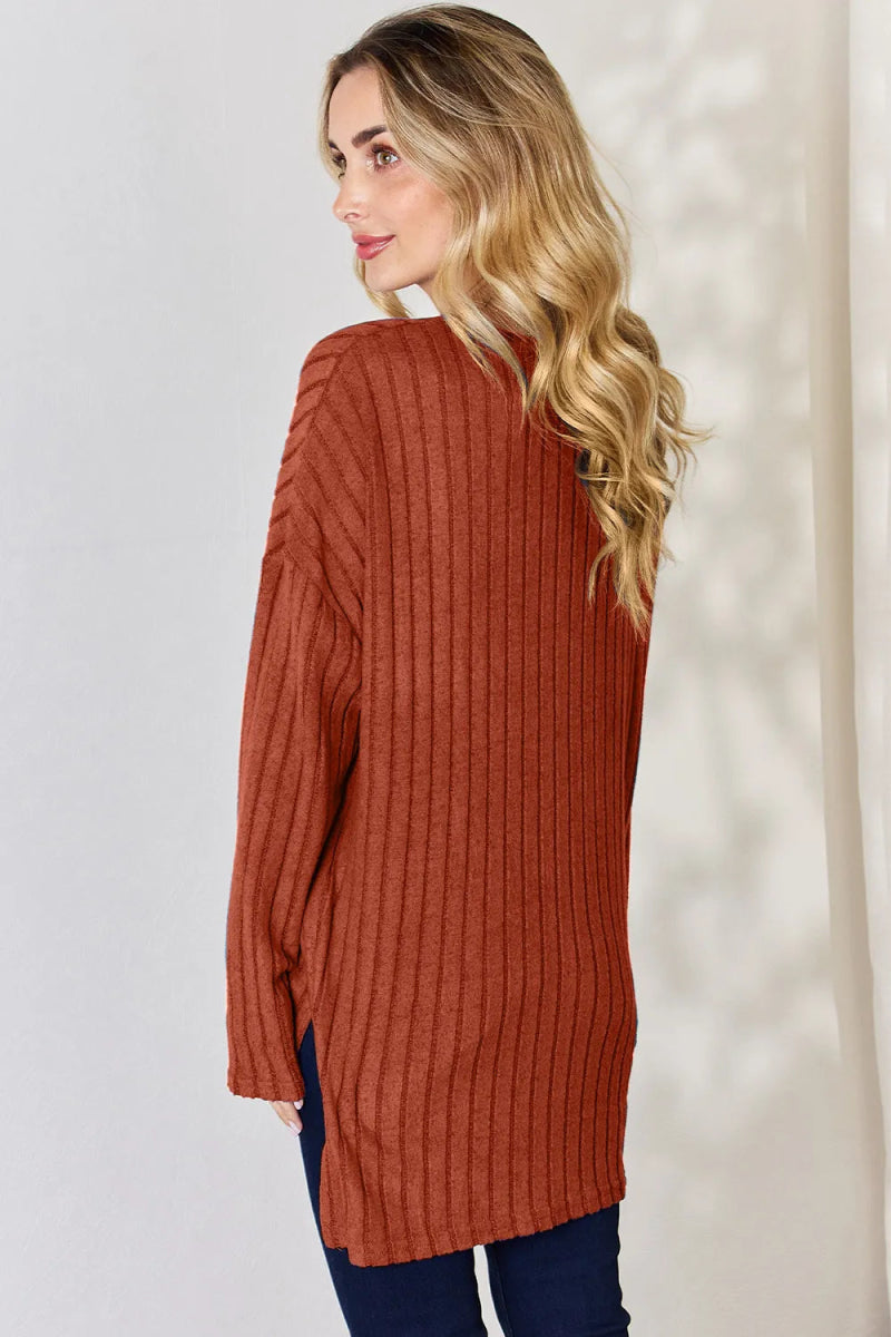 Basic Bae Full Size Ribbed Half Button Long Sleeve High - Low T-Shirt - Hopeford Streams
