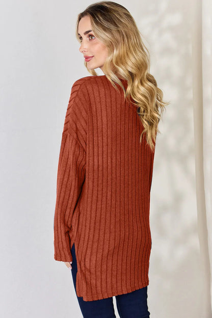 Basic Bae Full Size Ribbed Half Button Long Sleeve High - Low T-Shirt - Hopeford Streams