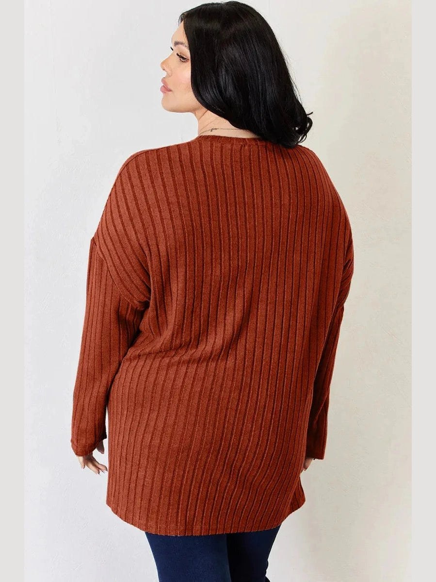 Basic Bae Full Size Ribbed Half Button Long Sleeve High-Low T-Shirt -- 
