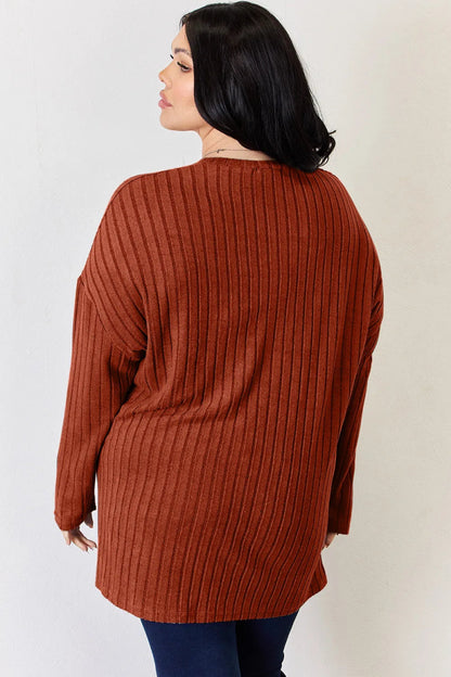 Basic Bae Full Size Ribbed Half Button Long Sleeve High - Low T-Shirt - Hopeford Streams
