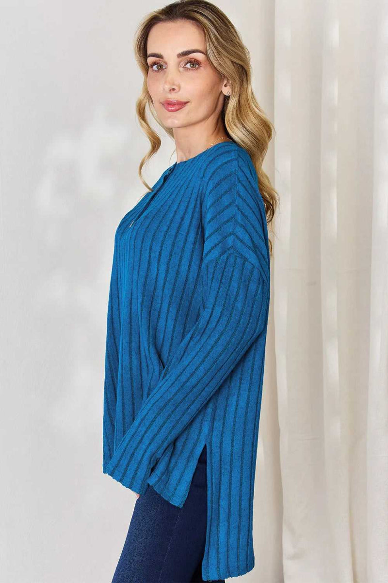 Basic Bae Full Size Ribbed Half Button Long Sleeve High - Low T-Shirt - Hopeford Streams