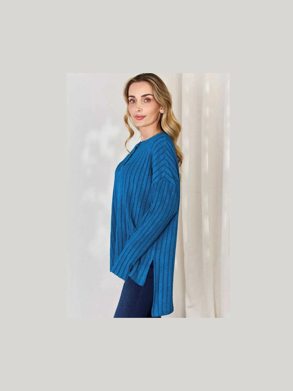 Basic Bae Full Size Ribbed Half Button Long Sleeve High-Low T-Shirt -- 
