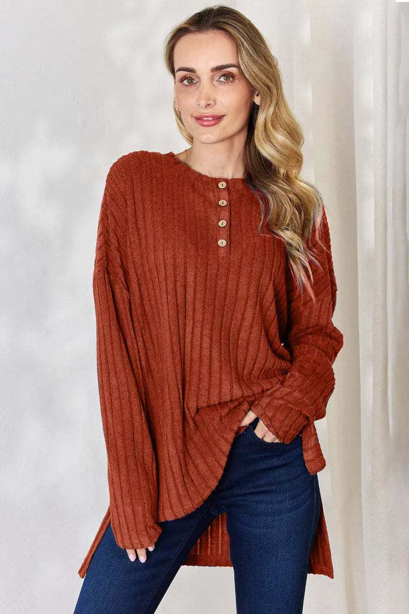 Basic Bae Full Size Ribbed Half Button Long Sleeve High - Low T-Shirt - Hopeford Streams