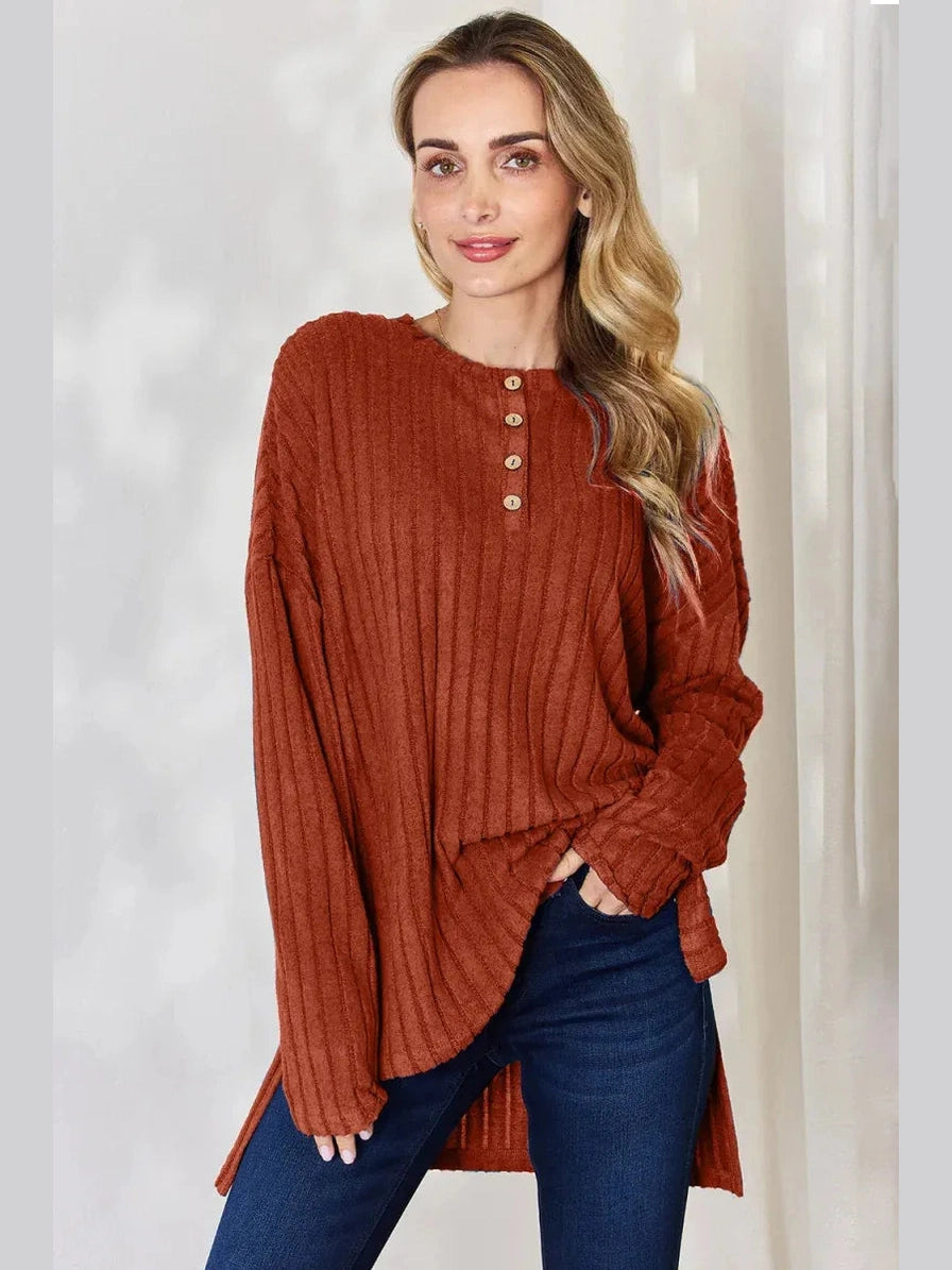 Basic Bae Full Size Ribbed Half Button Long Sleeve High-Low T-Shirt -- 