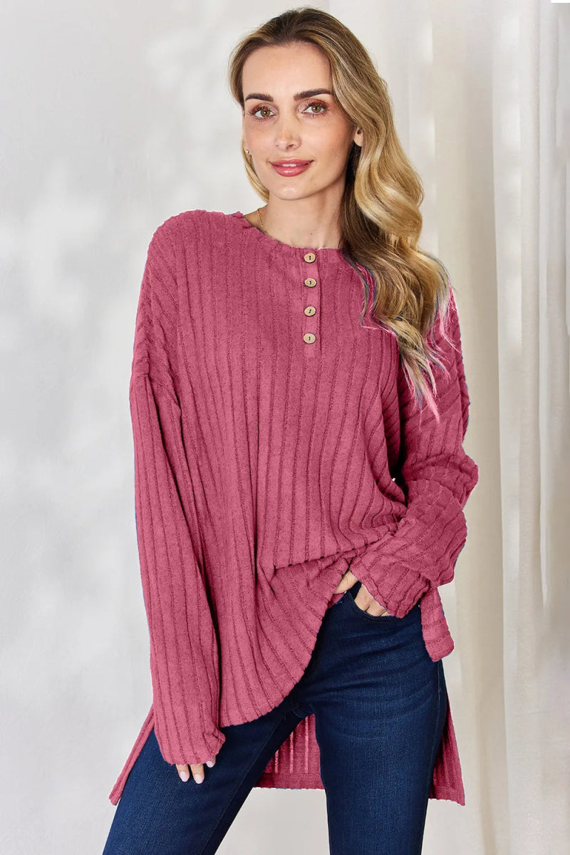 Basic Bae Full Size Ribbed Half Button Long Sleeve High - Low T-Shirt - Hopeford Streams