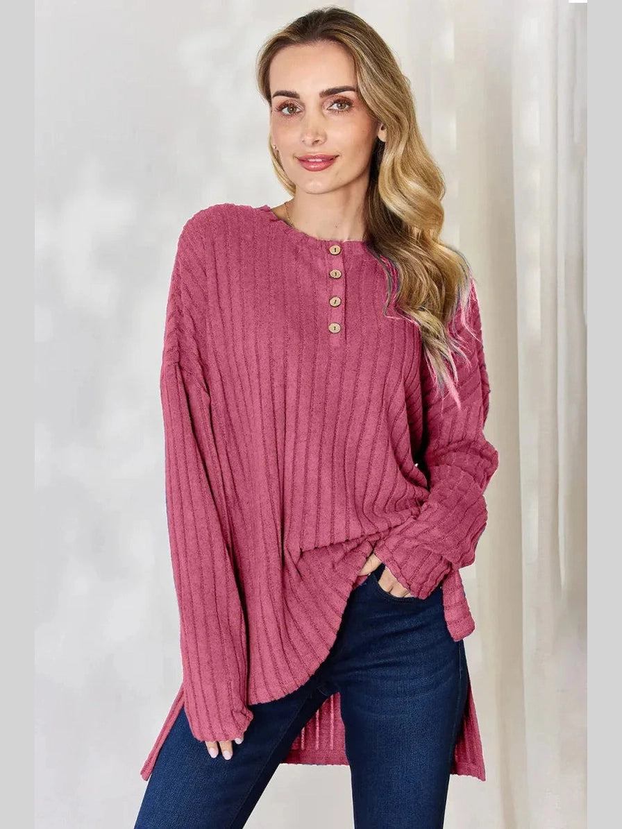 Basic Bae Full Size Ribbed Half Button Long Sleeve High-Low T-Shirt -- 