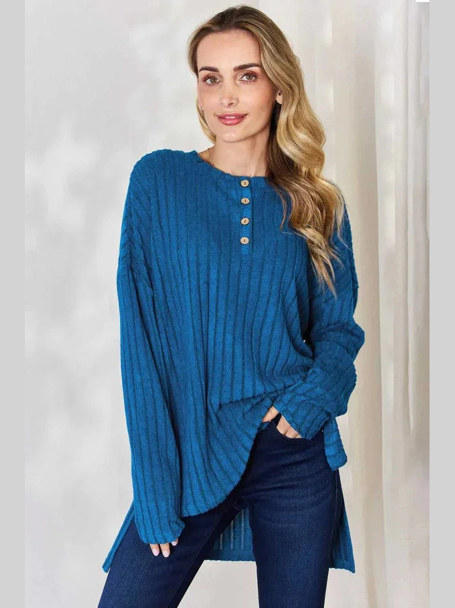 Basic Bae Full Size Ribbed Half Button Long Sleeve High-Low T-Shirt -- 