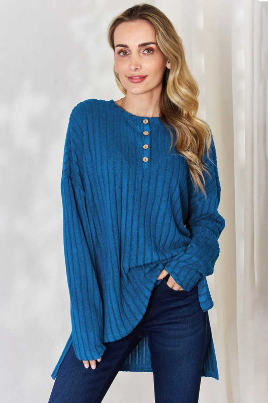 Basic Bae Full Size Ribbed Half Button Long Sleeve High - Low T-Shirt - Hopeford Streams