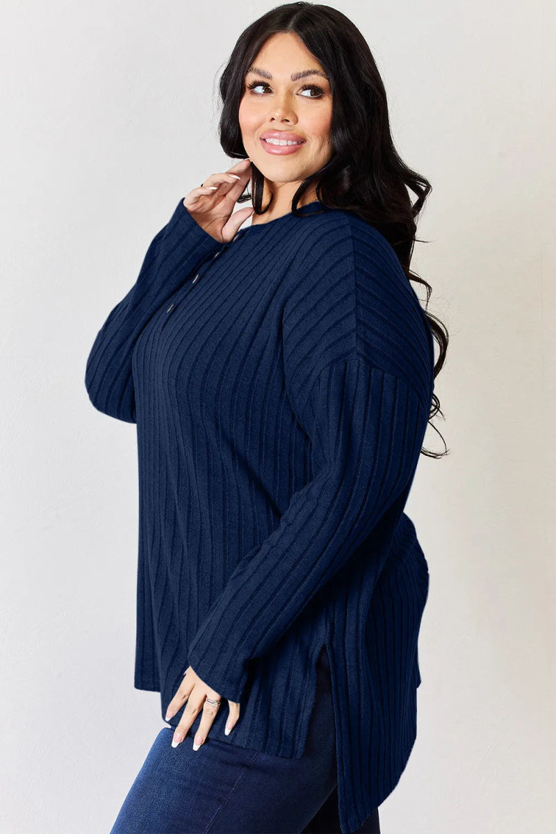 Basic Bae Full Size Ribbed Half Button Long Sleeve High - Low T-Shirt - Hopeford Streams