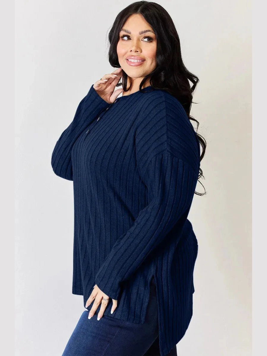 Basic Bae Full Size Ribbed Half Button Long Sleeve High-Low T-Shirt -- 
