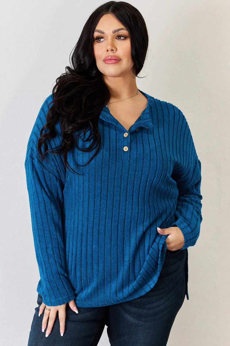 Basic Bae Full Size Ribbed Half Button Long Sleeve High - Low T-Shirt - Hopeford Streams