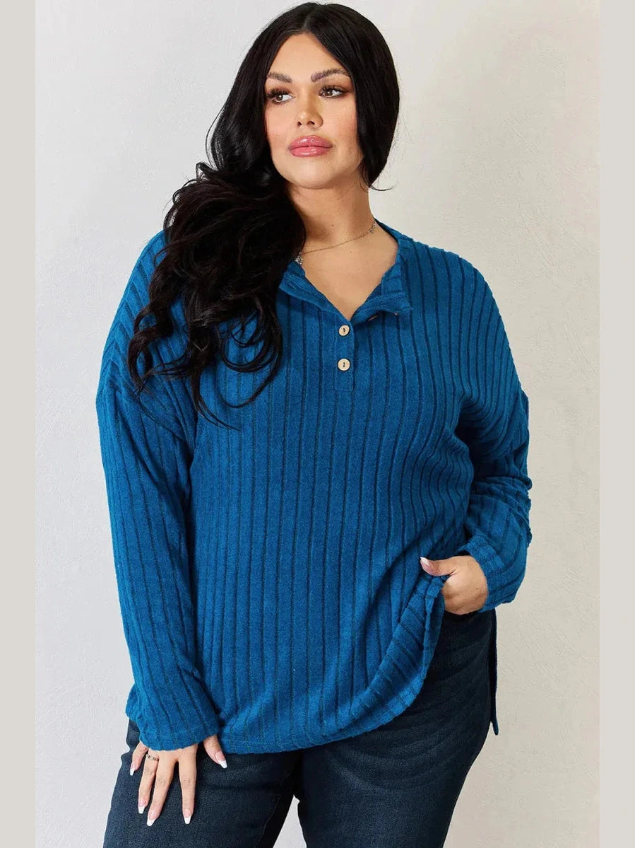Basic Bae Full Size Ribbed Half Button Long Sleeve High-Low T-Shirt -- 