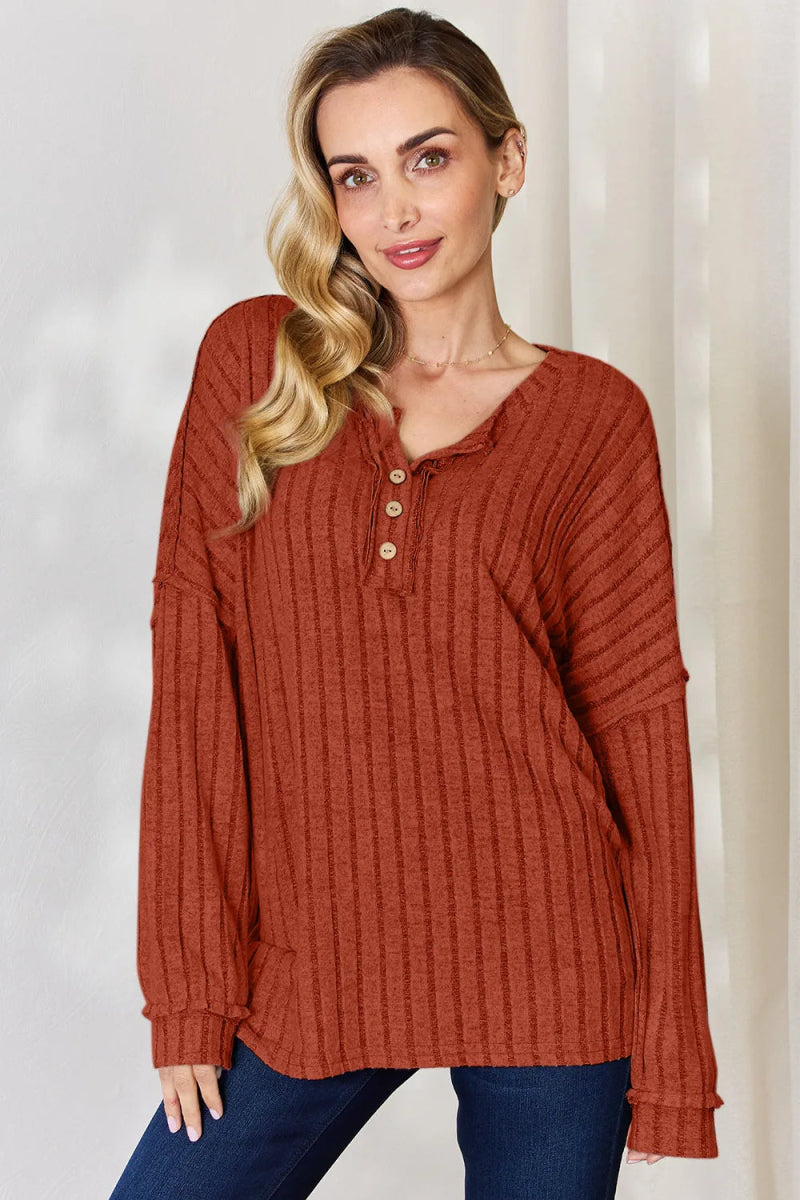 Basic Bae Full Size Ribbed Half Button Long Sleeve T-Shirt - Hopeford Streams