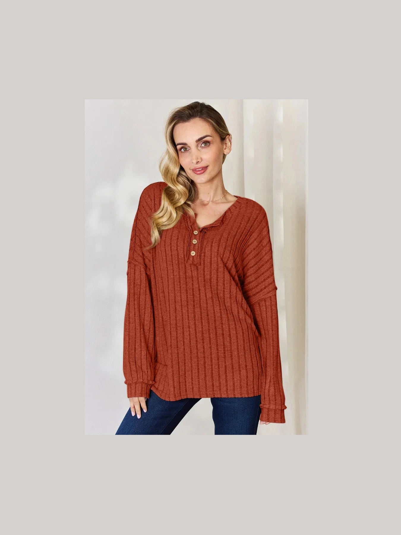 Basic Bae Full Size Ribbed Half Button Long Sleeve T-Shirt -- 