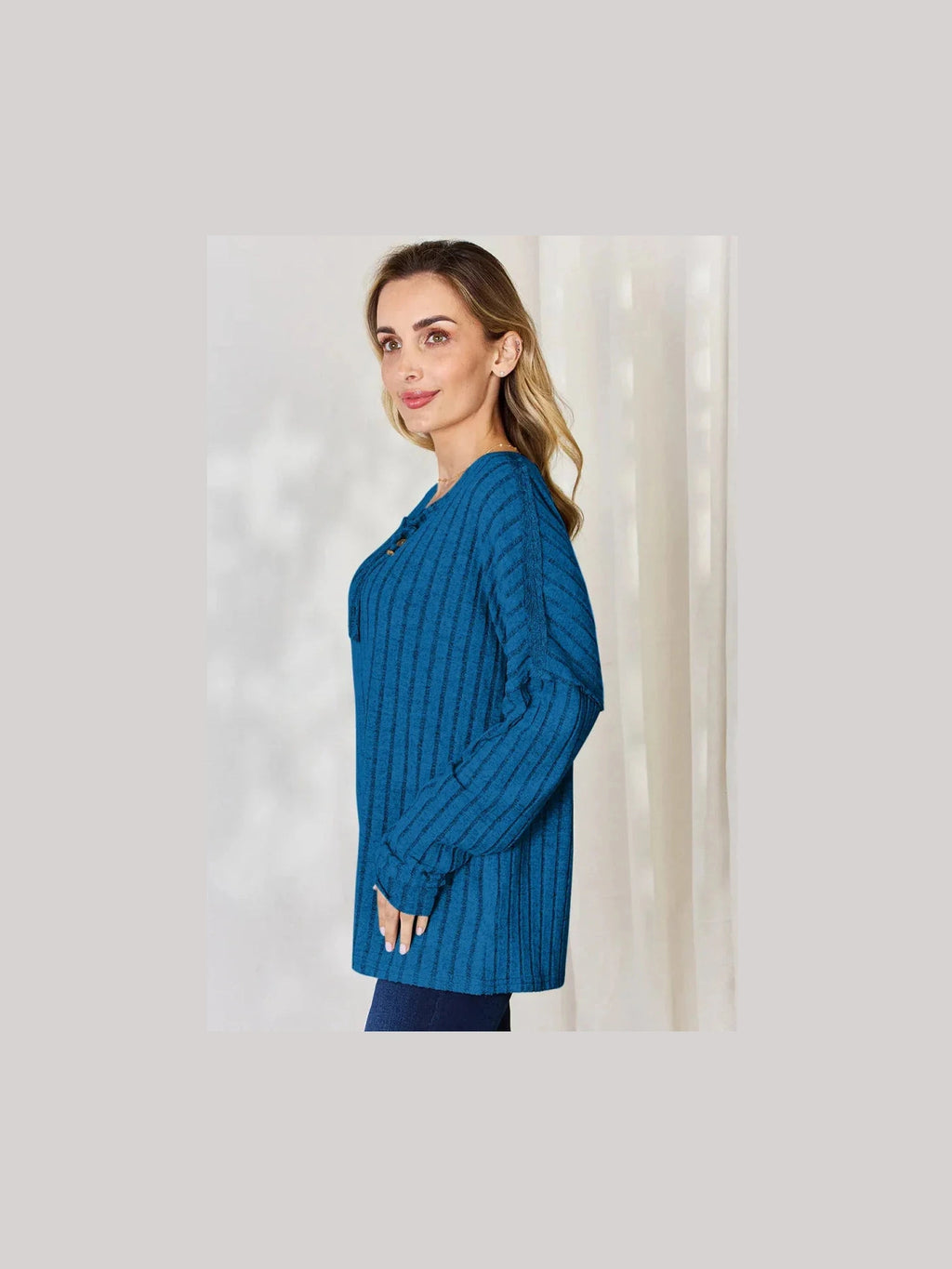 Basic Bae Full Size Ribbed Half Button Long Sleeve T-Shirt -- 