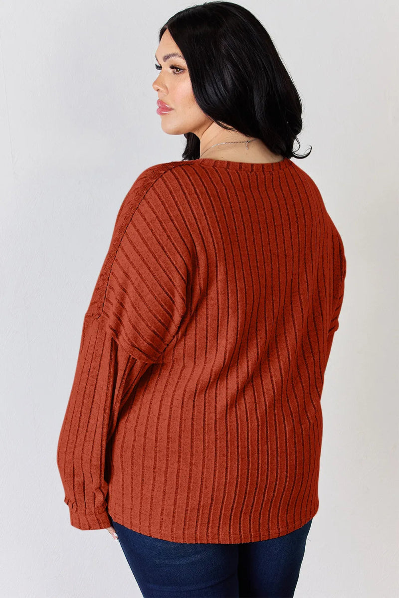 Basic Bae Full Size Ribbed Half Button Long Sleeve T-Shirt - Hopeford Streams