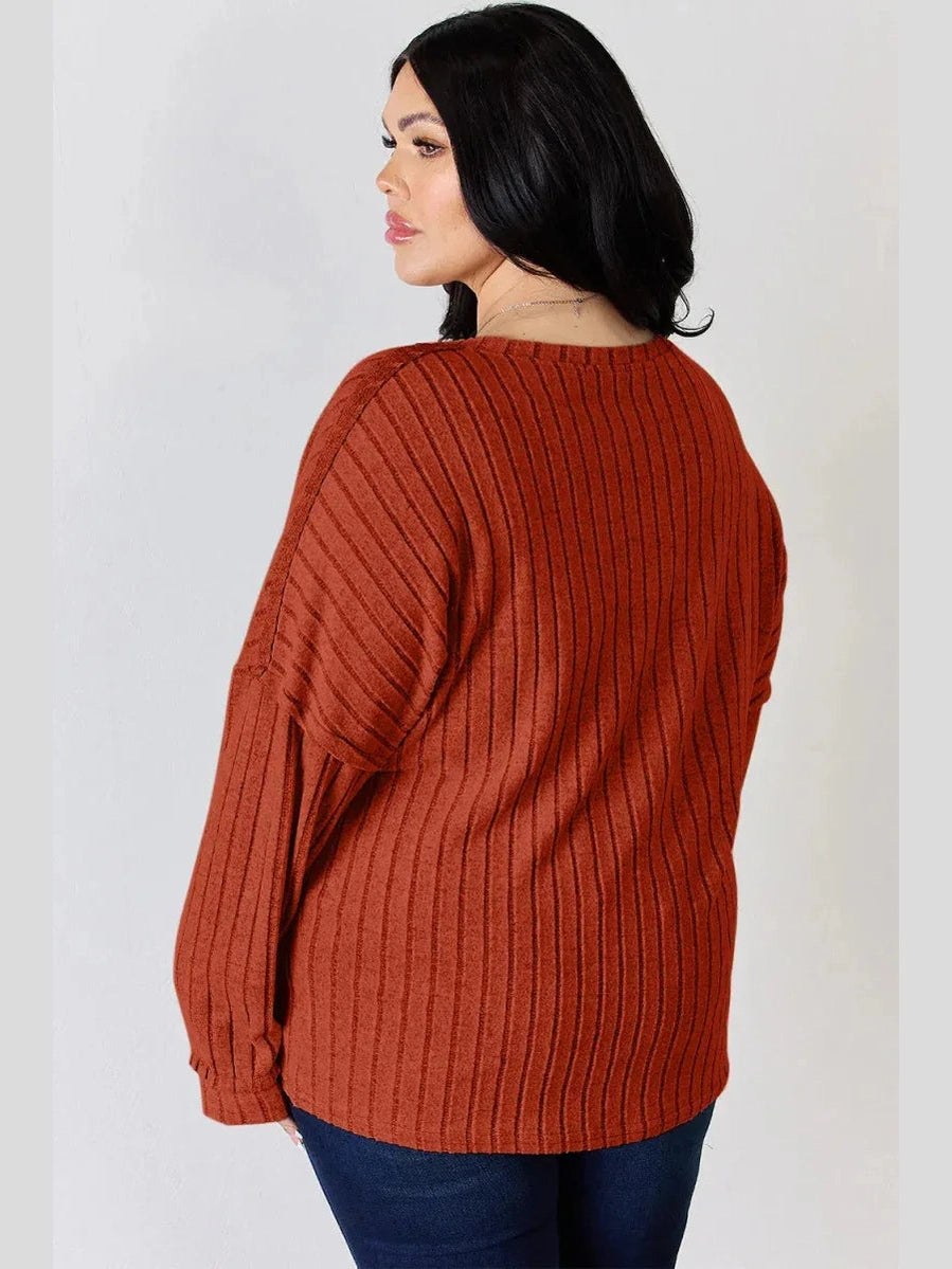 Basic Bae Full Size Ribbed Half Button Long Sleeve T-Shirt -- 