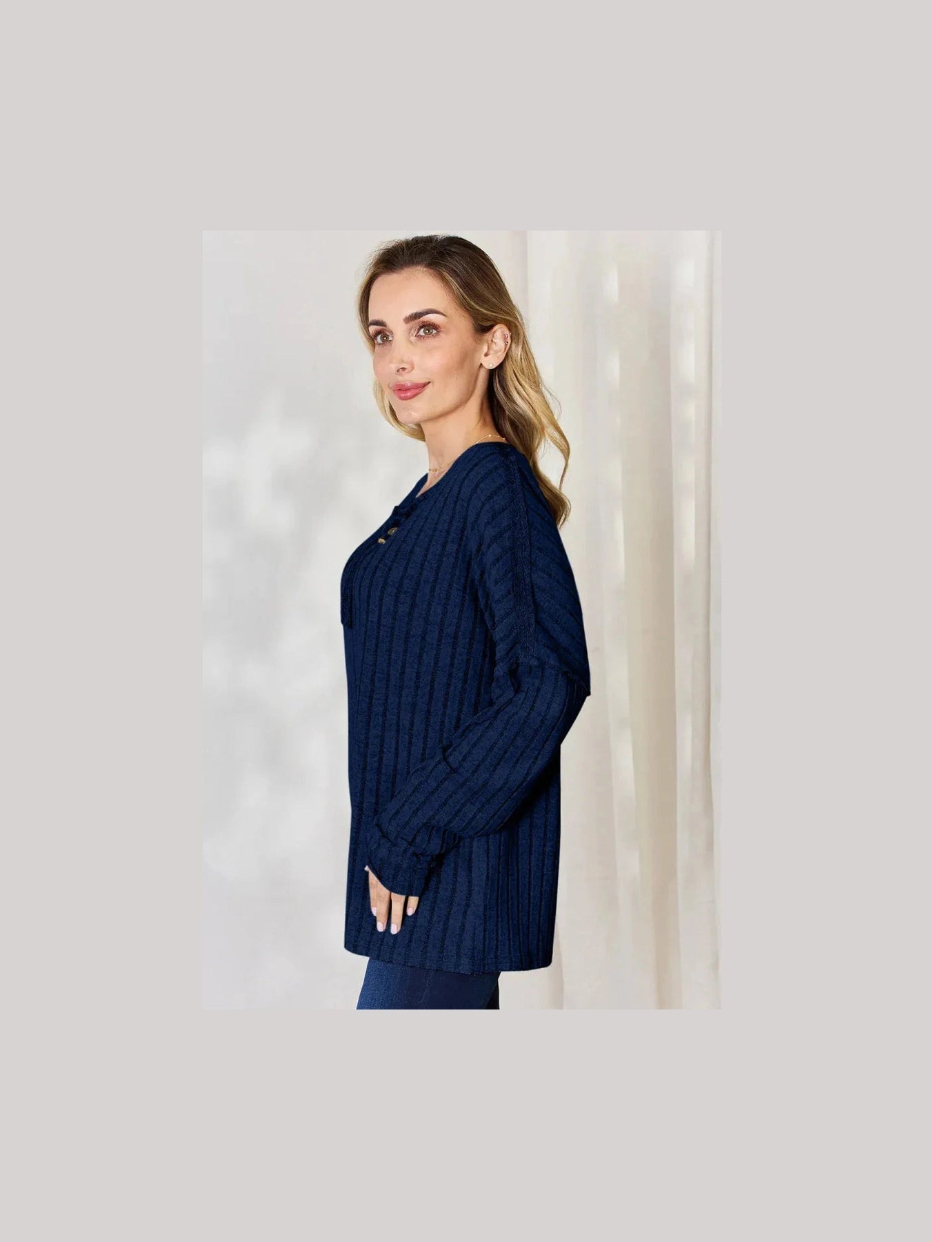 Basic Bae Full Size Ribbed Half Button Long Sleeve T-Shirt -- 