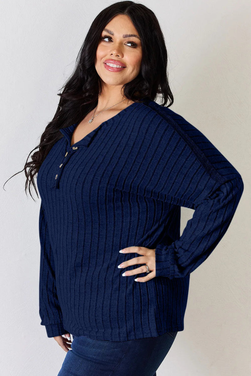 Basic Bae Full Size Ribbed Half Button Long Sleeve T-Shirt - Hopeford Streams