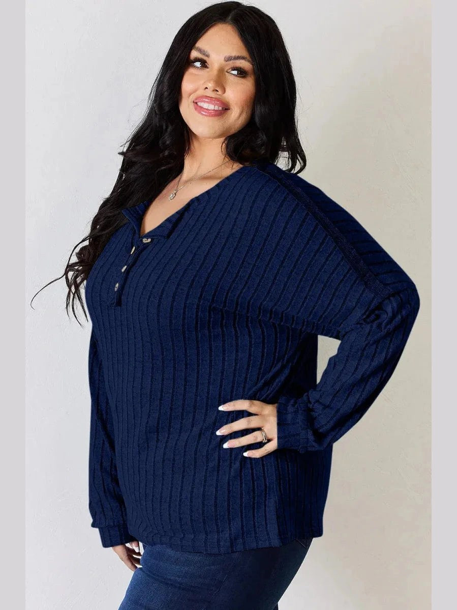 Basic Bae Full Size Ribbed Half Button Long Sleeve T-Shirt -- 