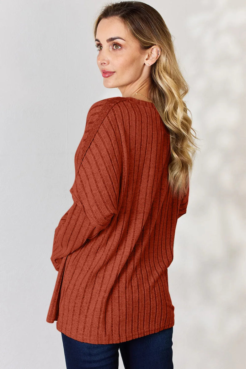 Basic Bae Full Size Ribbed Half Button Long Sleeve T-Shirt - Hopeford Streams