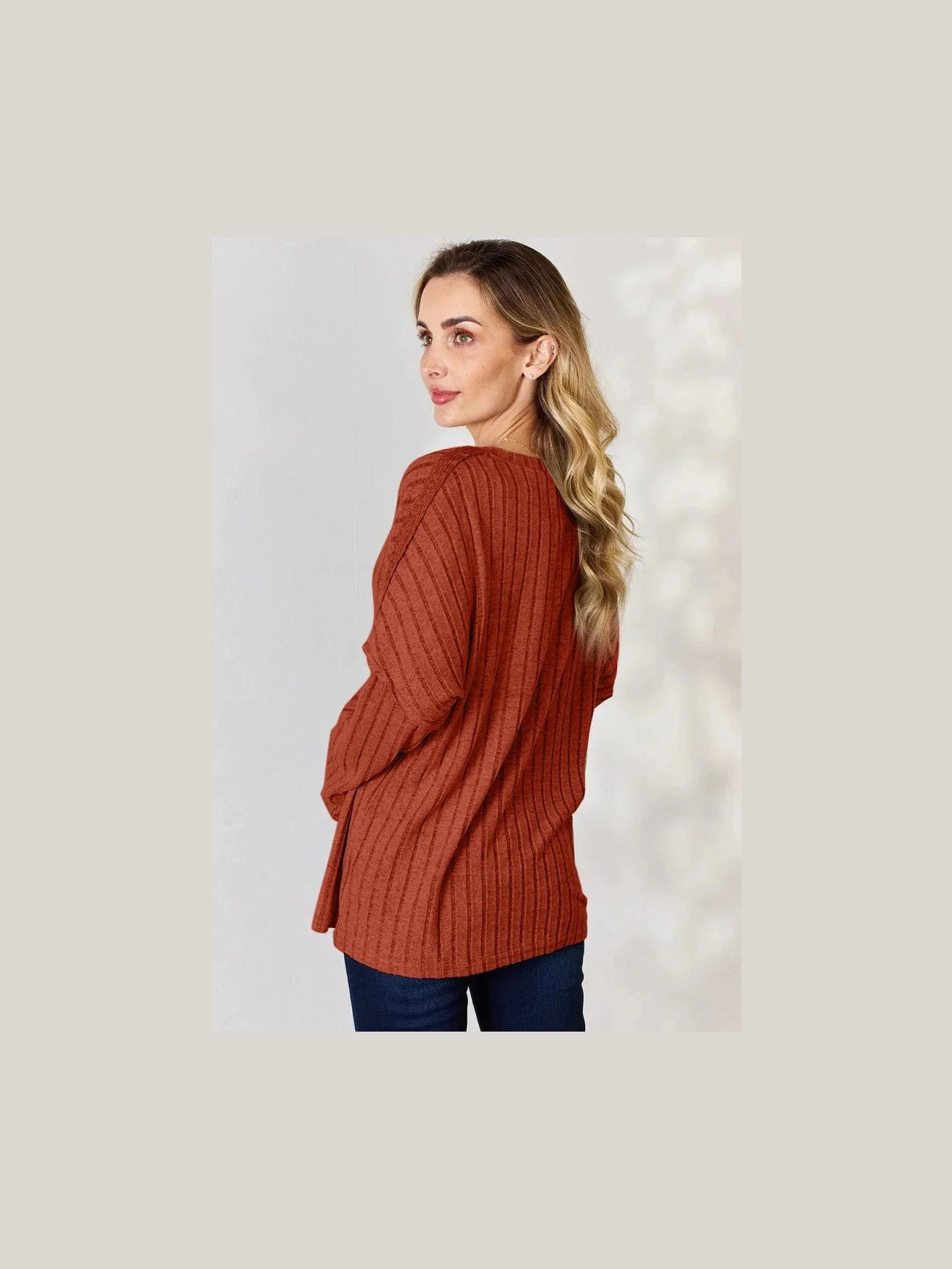 Basic Bae Full Size Ribbed Half Button Long Sleeve T-Shirt -- 