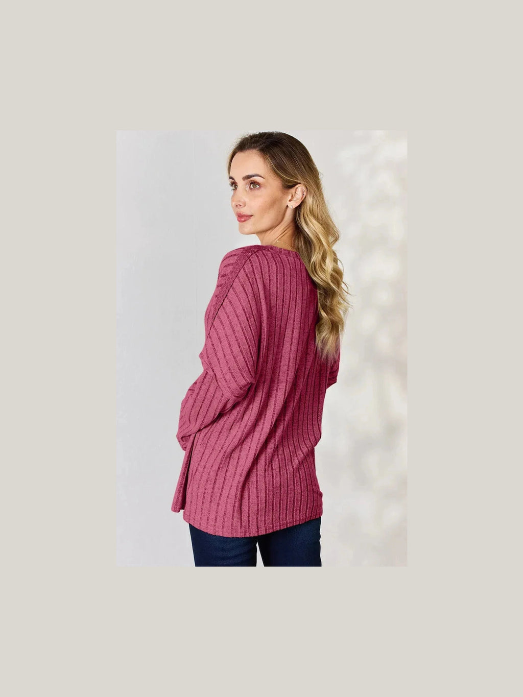 Basic Bae Full Size Ribbed Half Button Long Sleeve T-Shirt -- 