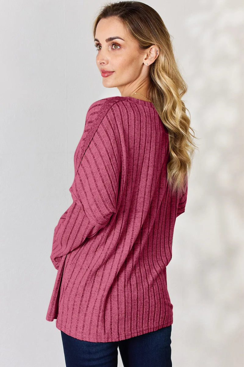 Basic Bae Full Size Ribbed Half Button Long Sleeve T-Shirt - Hopeford Streams