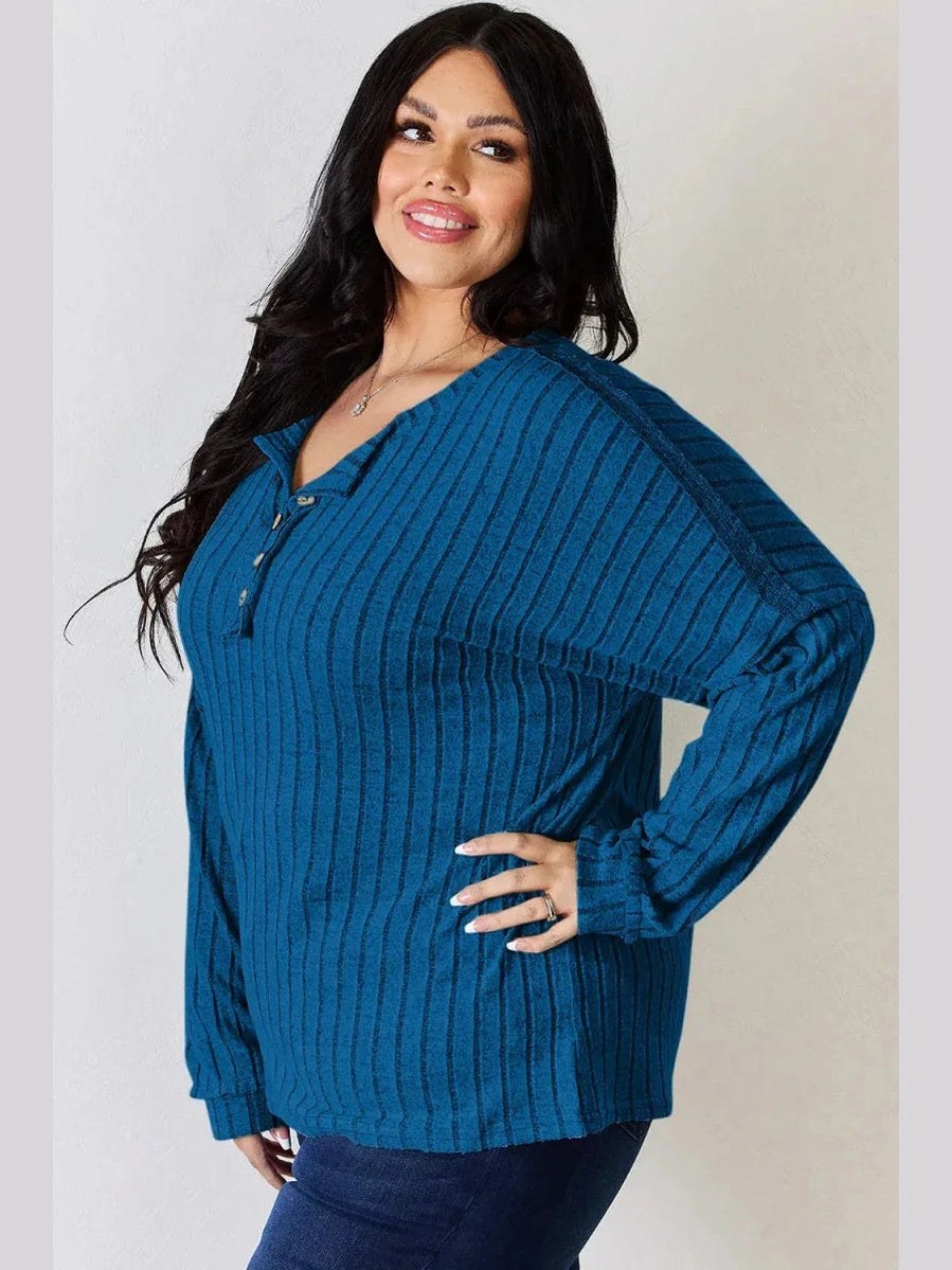 Basic Bae Full Size Ribbed Half Button Long Sleeve T-Shirt -- 