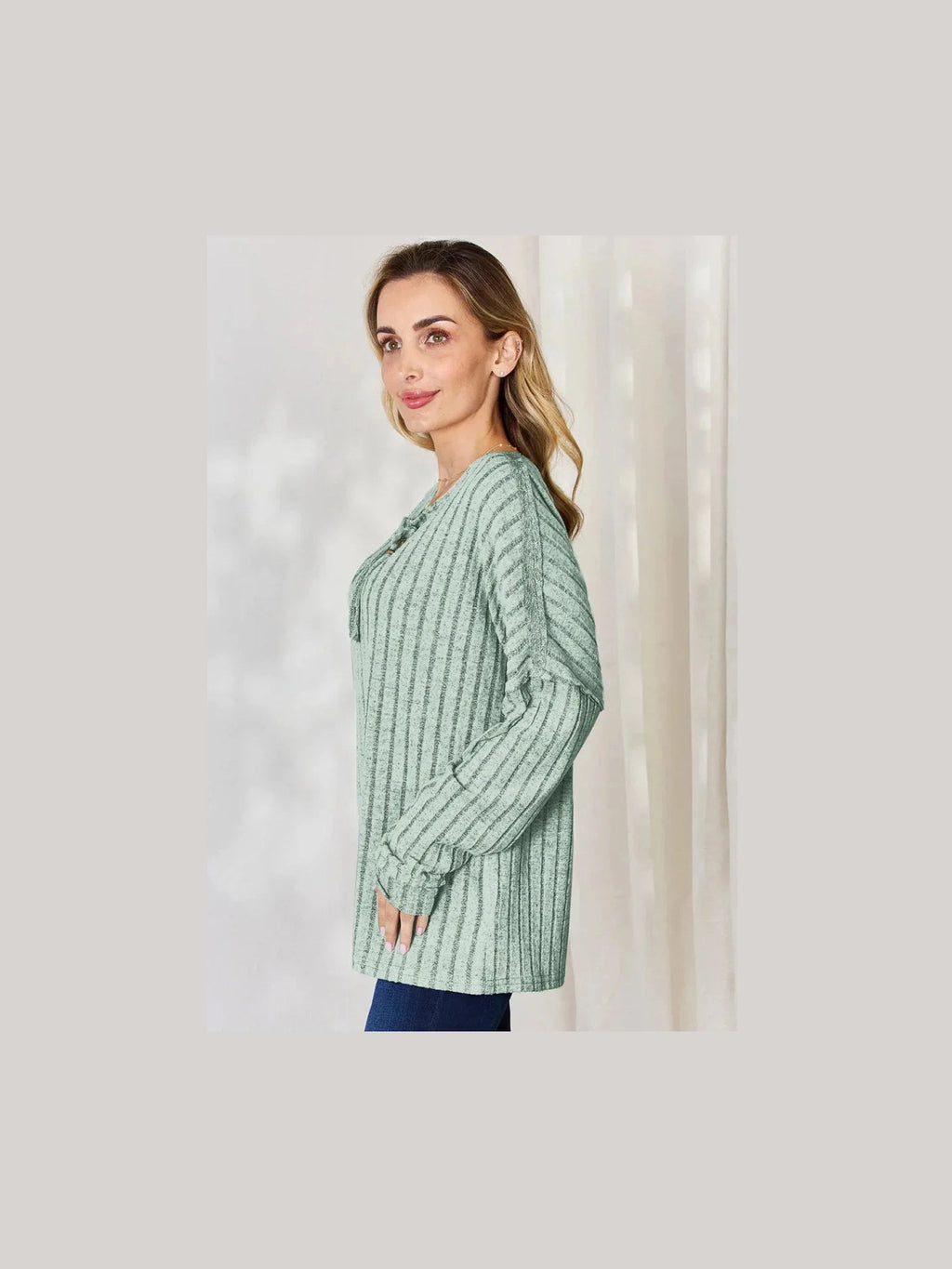 Basic Bae Full Size Ribbed Half Button Long Sleeve T-Shirt -- 