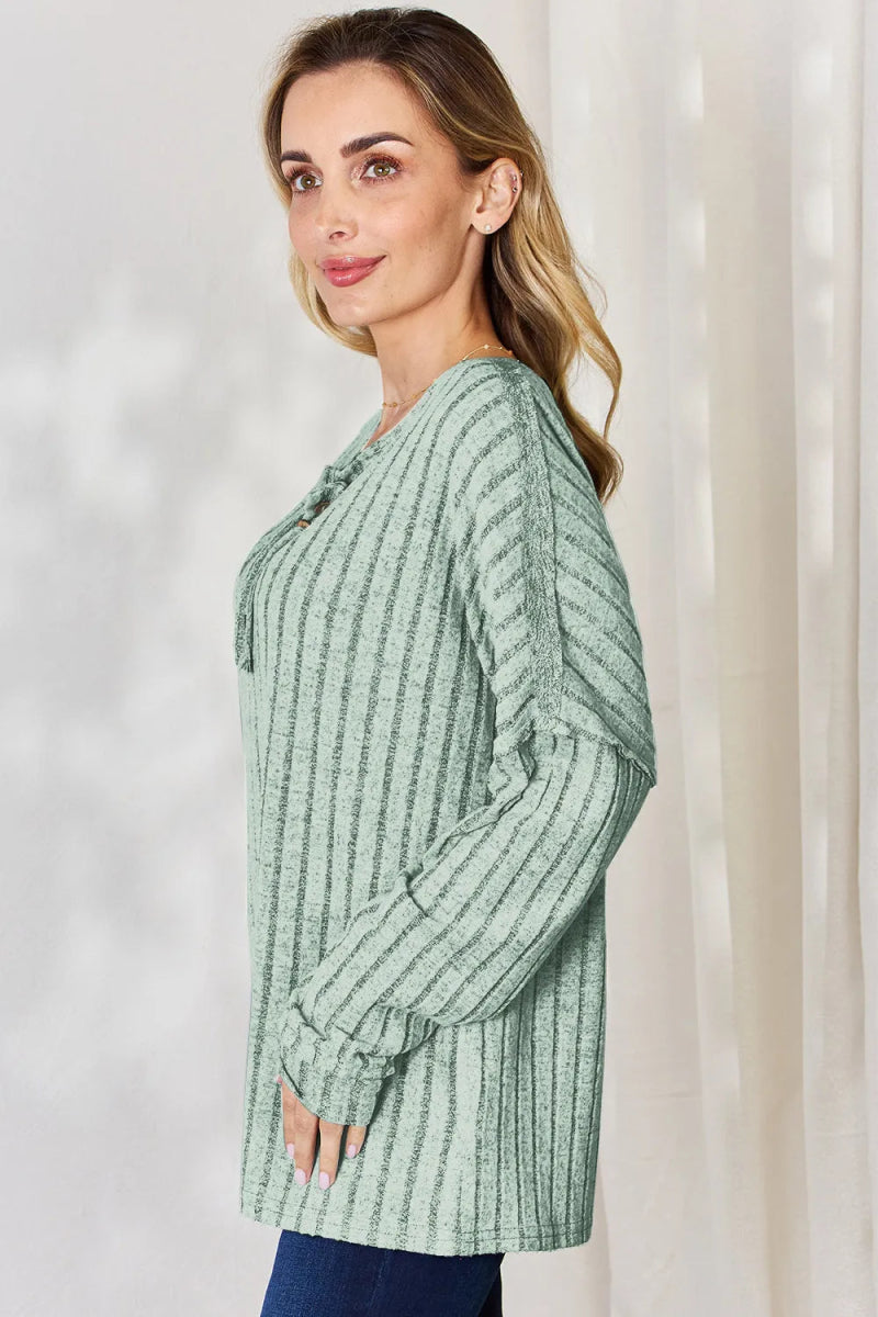 Basic Bae Full Size Ribbed Half Button Long Sleeve T-Shirt - Hopeford Streams