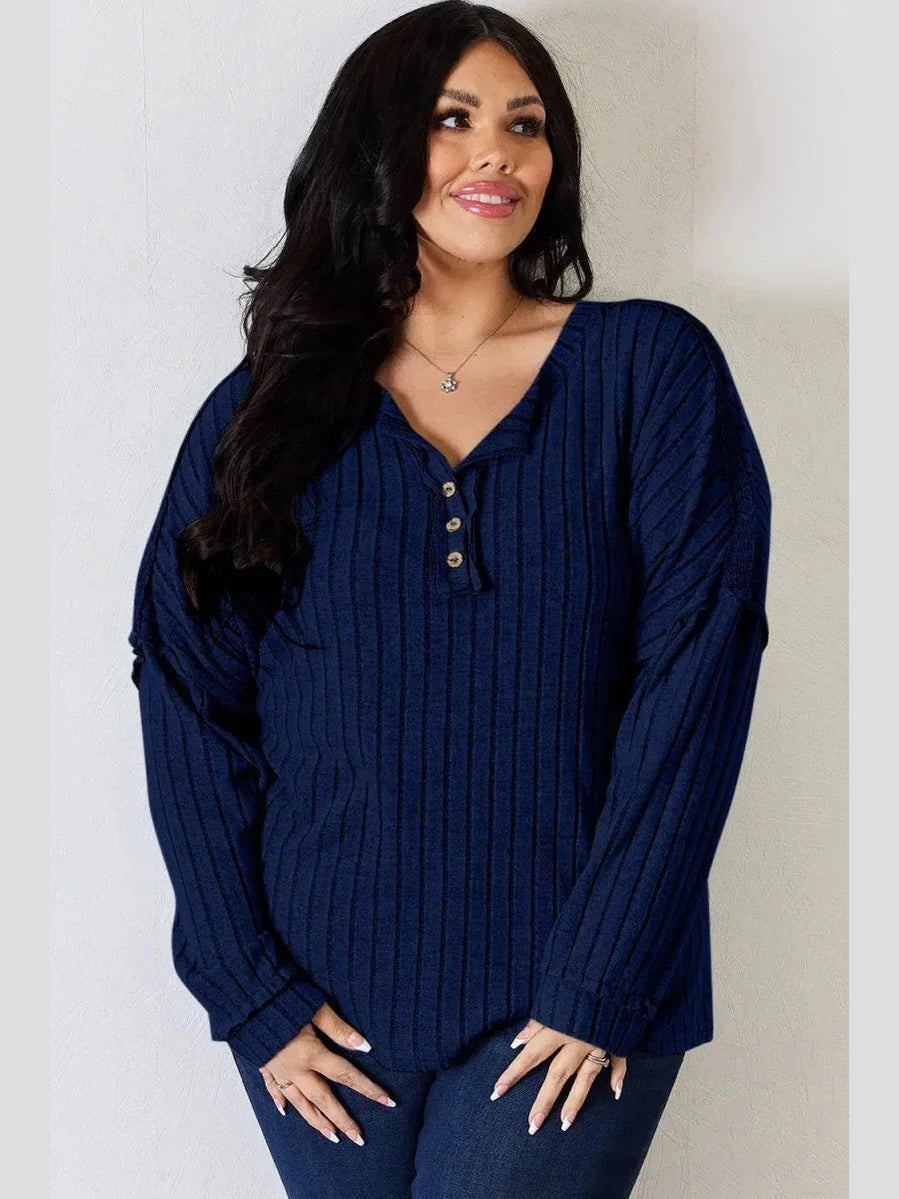 Basic Bae Full Size Ribbed Half Button Long Sleeve T-Shirt -- 