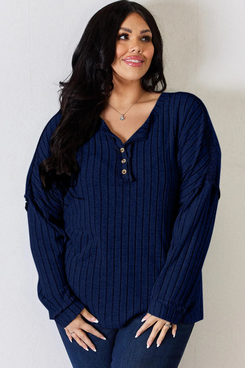 Basic Bae Full Size Ribbed Half Button Long Sleeve T-Shirt - Hopeford Streams