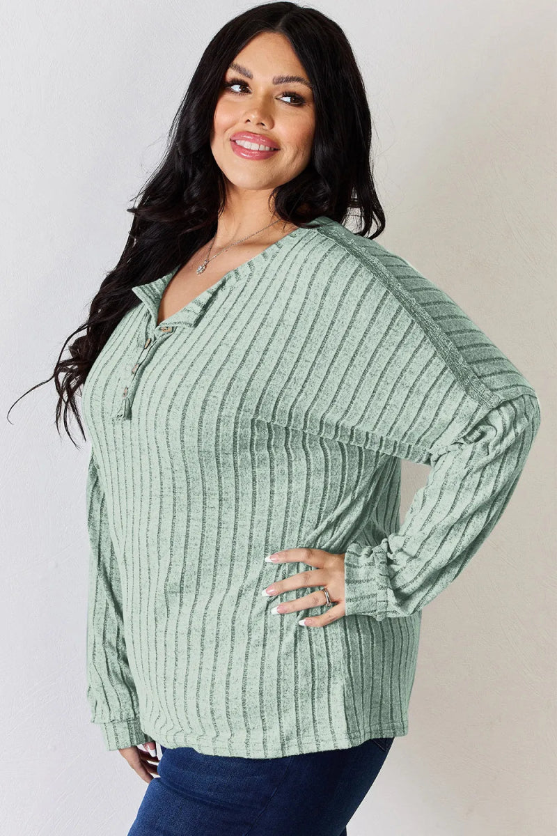 Basic Bae Full Size Ribbed Half Button Long Sleeve T-Shirt - Hopeford Streams