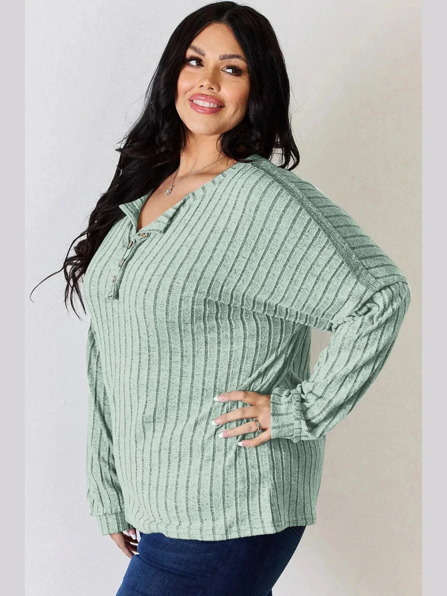 Basic Bae Full Size Ribbed Half Button Long Sleeve T-Shirt -- 