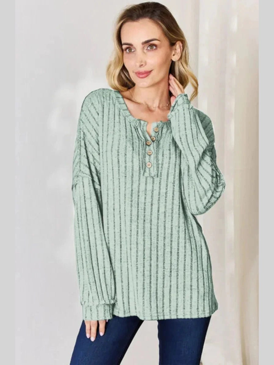 Basic Bae Full Size Ribbed Half Button Long Sleeve T-Shirt -- 