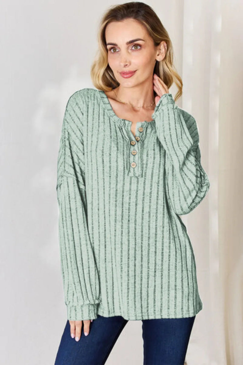 Basic Bae Full Size Ribbed Half Button Long Sleeve T-Shirt - Hopeford Streams