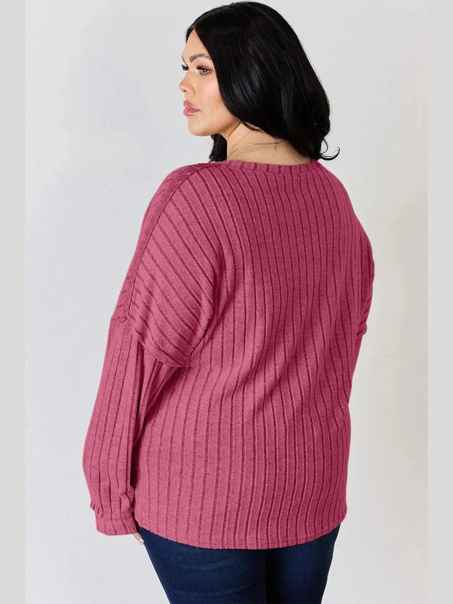 Basic Bae Full Size Ribbed Half Button Long Sleeve T-Shirt -- 