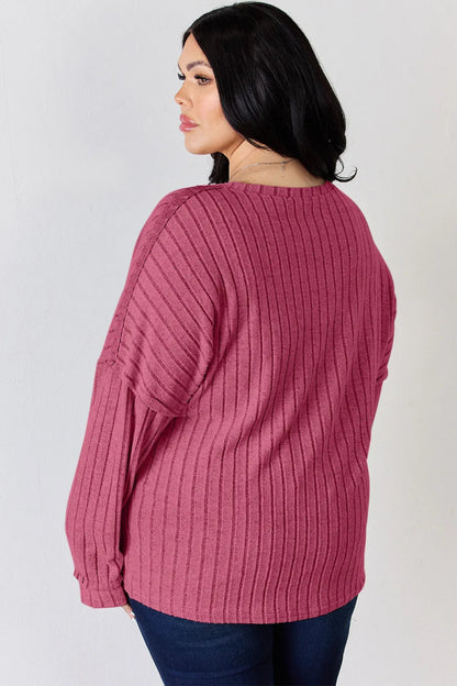 Basic Bae Full Size Ribbed Half Button Long Sleeve T-Shirt - Hopeford Streams