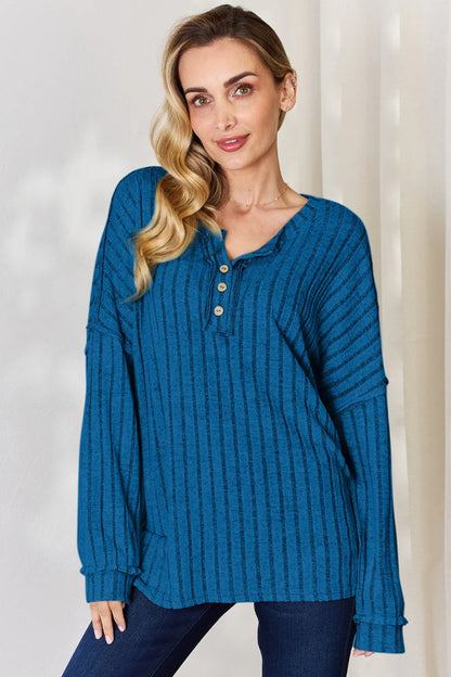 Basic Bae Full Size Ribbed Half Button Long Sleeve T-Shirt - Hopeford Streams