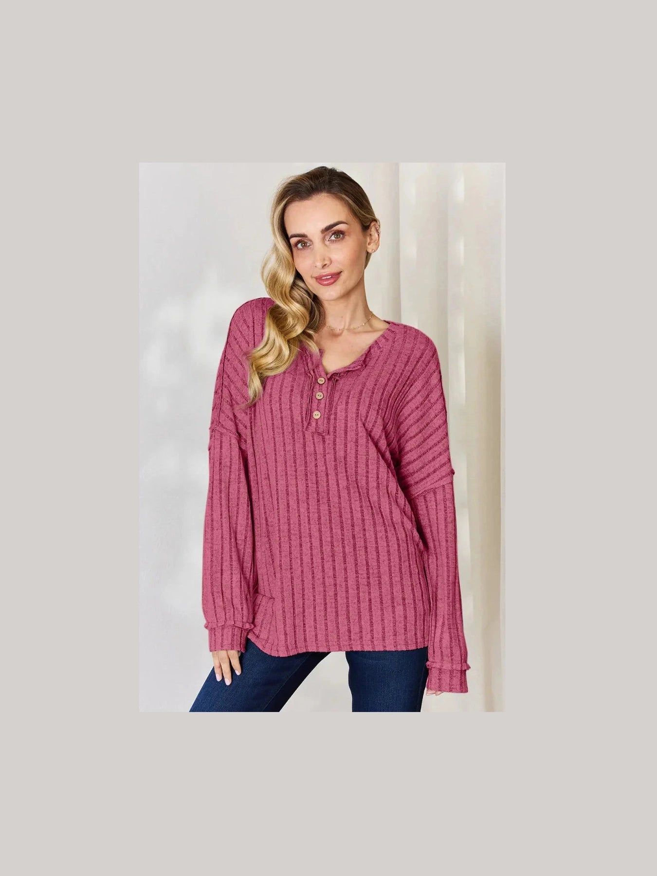 Basic Bae Full Size Ribbed Half Button Long Sleeve T-Shirt -- 