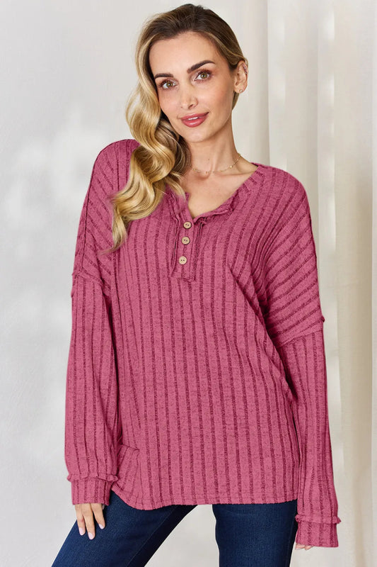 Basic Bae Full Size Ribbed Half Button Long Sleeve T-Shirt - Hopeford Streams