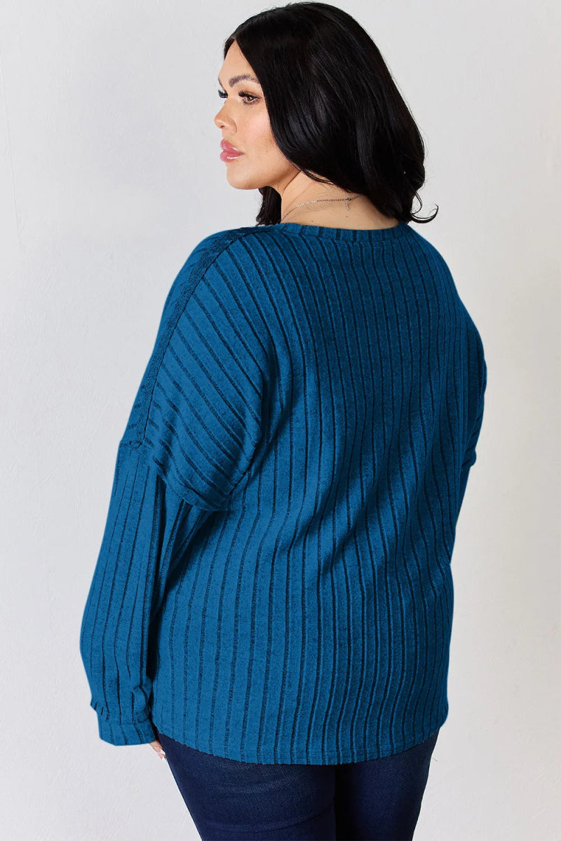 Basic Bae Full Size Ribbed Half Button Long Sleeve T-Shirt - Hopeford Streams