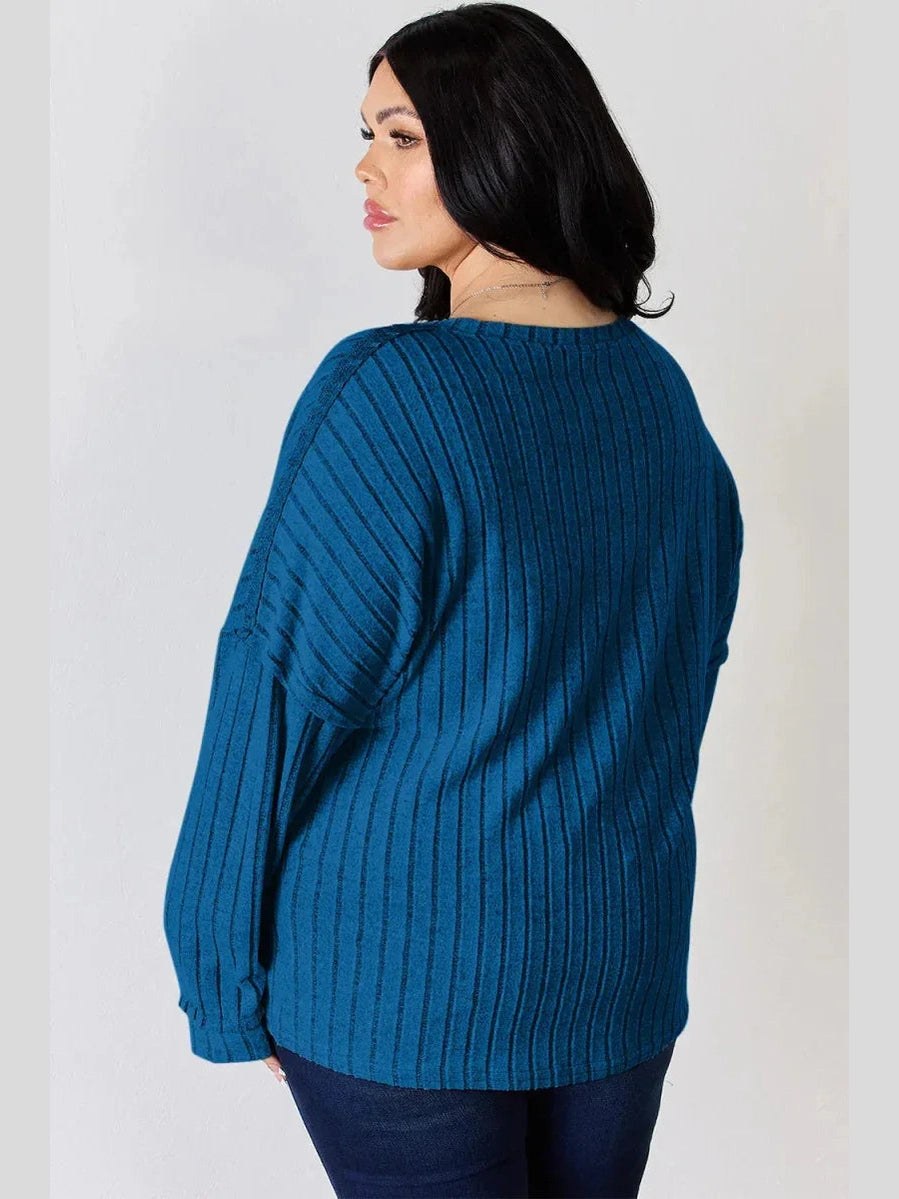 Basic Bae Full Size Ribbed Half Button Long Sleeve T-Shirt -- 
