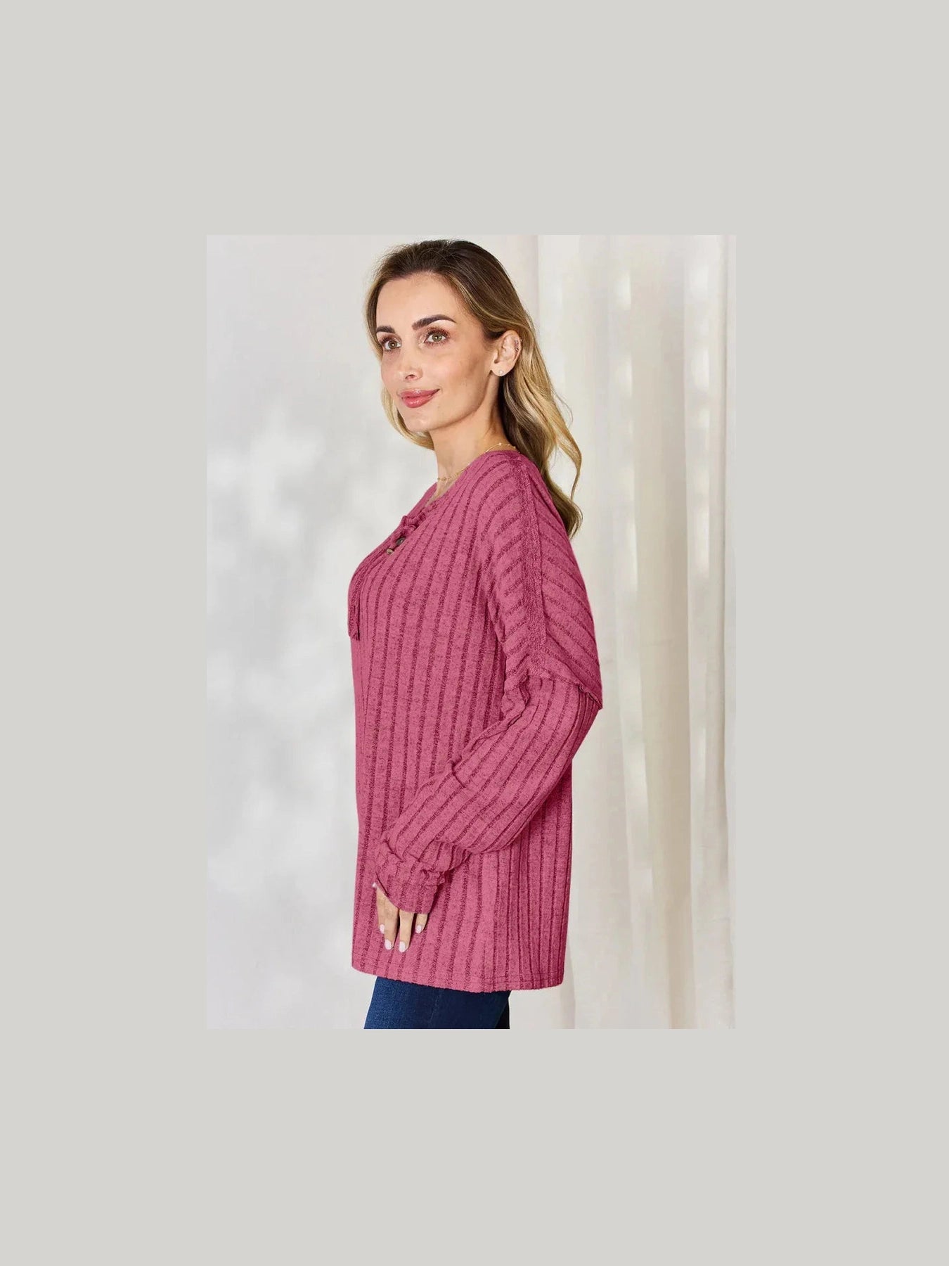 Basic Bae Full Size Ribbed Half Button Long Sleeve T-Shirt -- 