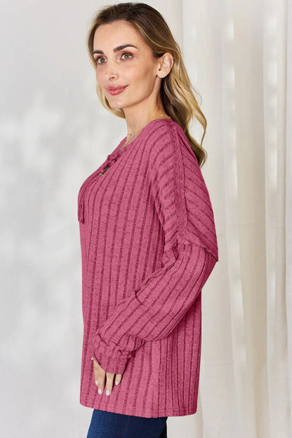 Basic Bae Full Size Ribbed Half Button Long Sleeve T-Shirt - Hopeford Streams
