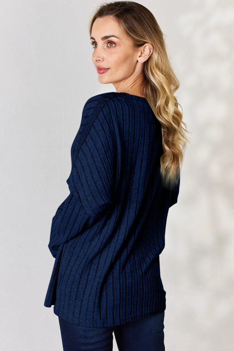 Basic Bae Full Size Ribbed Half Button Long Sleeve T-Shirt - Hopeford Streams