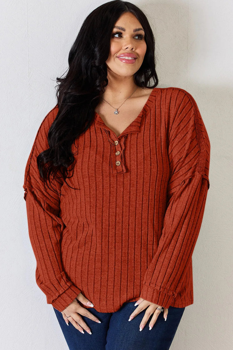 Basic Bae Full Size Ribbed Half Button Long Sleeve T-Shirt - Hopeford Streams